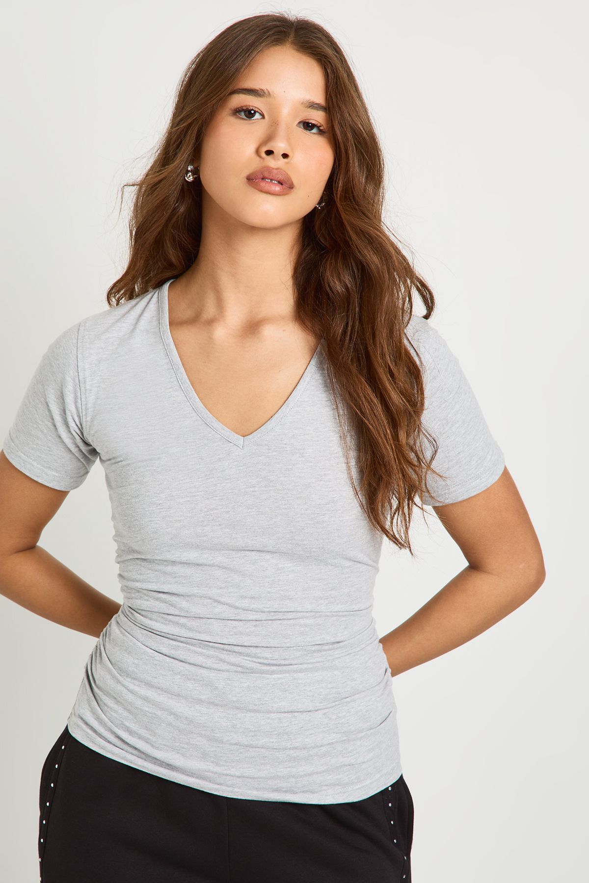 V Neck Ruched Waist Short Sleeve T-Shirt - Image 3