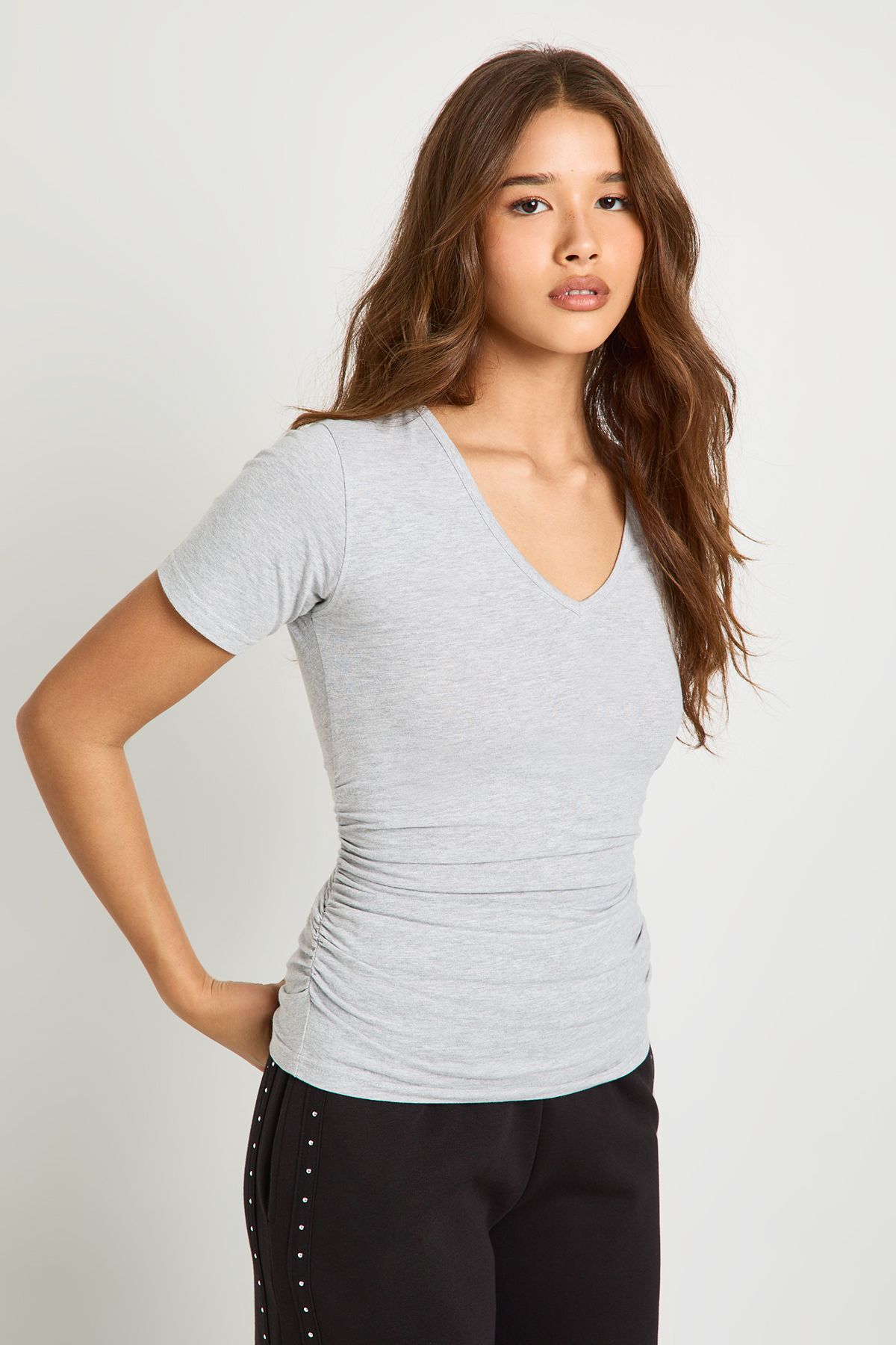 V Neck Ruched Waist Short Sleeve T-Shirt - Image 4