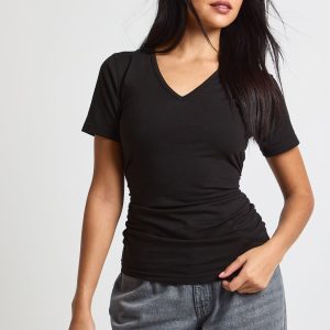 V Neck Ruched Waist Short Sleeve T-Shirt