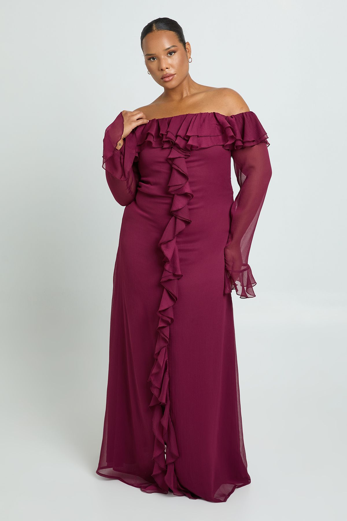 Plus Chiffon Ruffle Bardot Maxi Dress