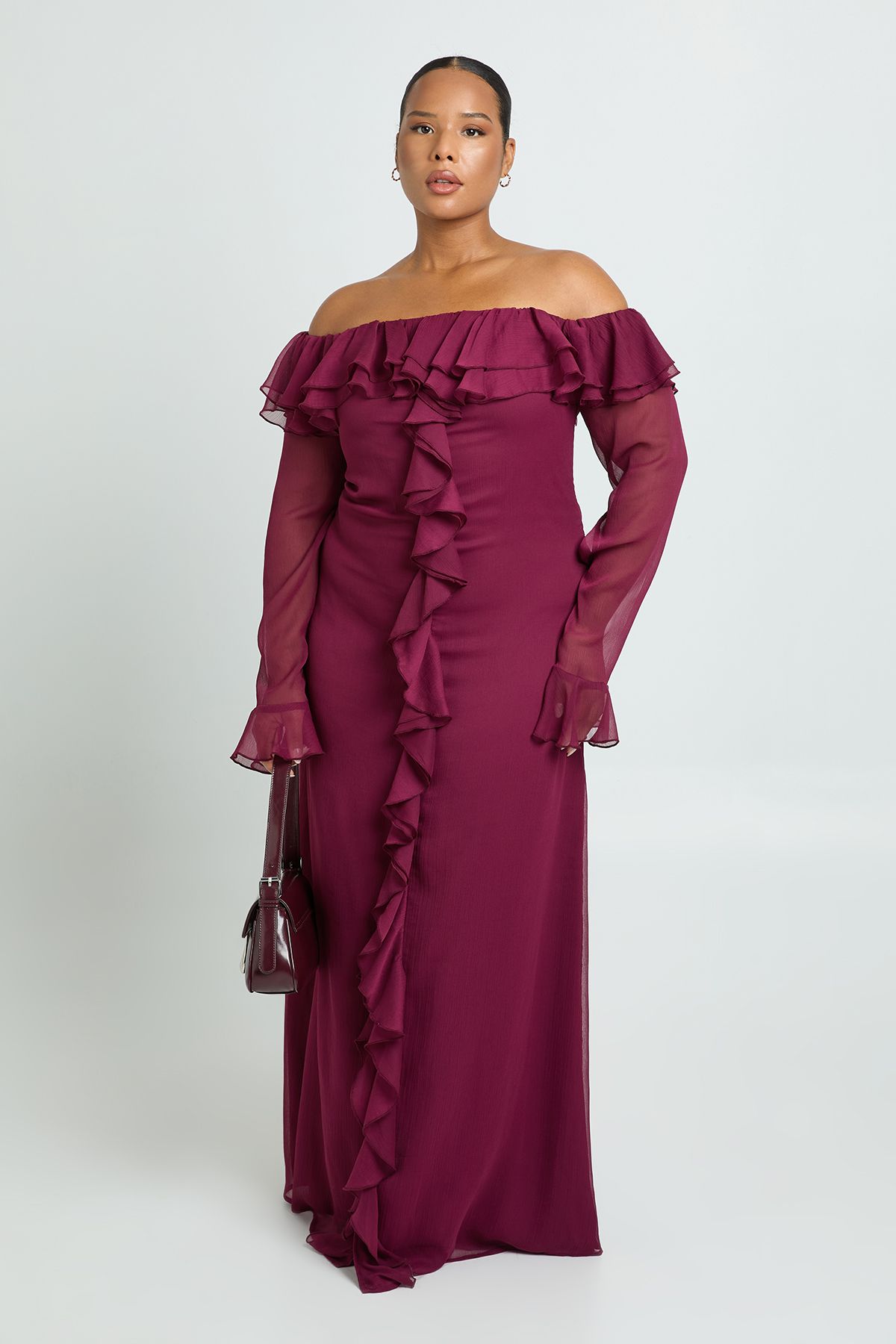 Plus Chiffon Ruffle Bardot Maxi Dress - Image 3