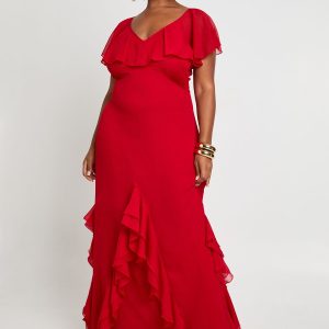 Plus Chiffon Ruffle Angel Sleeve Maxi Dress