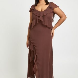 Plus Chiffon Ruffle Hem Angel Sleeve Midaxi Dress