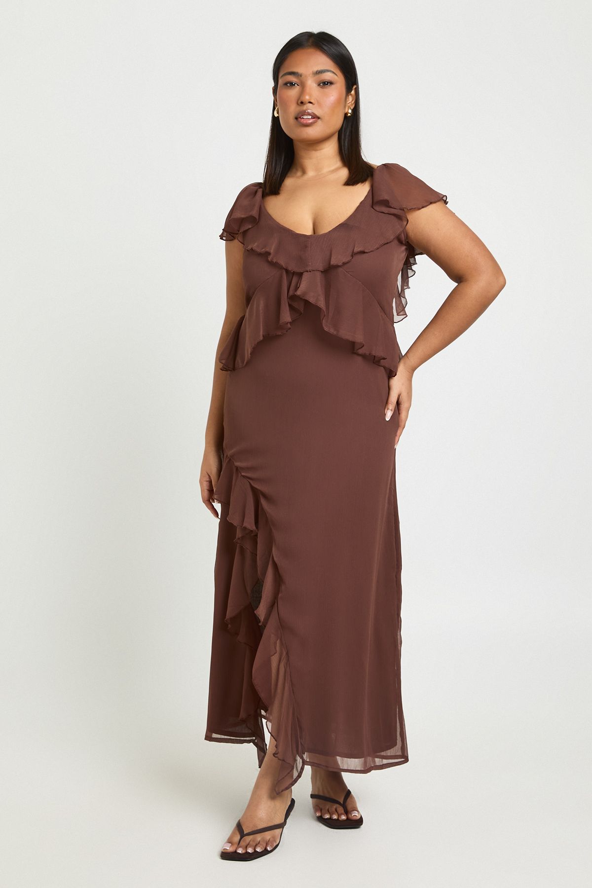 Plus Chiffon Ruffle Hem Angel Sleeve Midaxi Dress