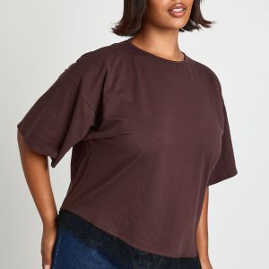 Plus Lace Asym Trim Oversized T-Shirt