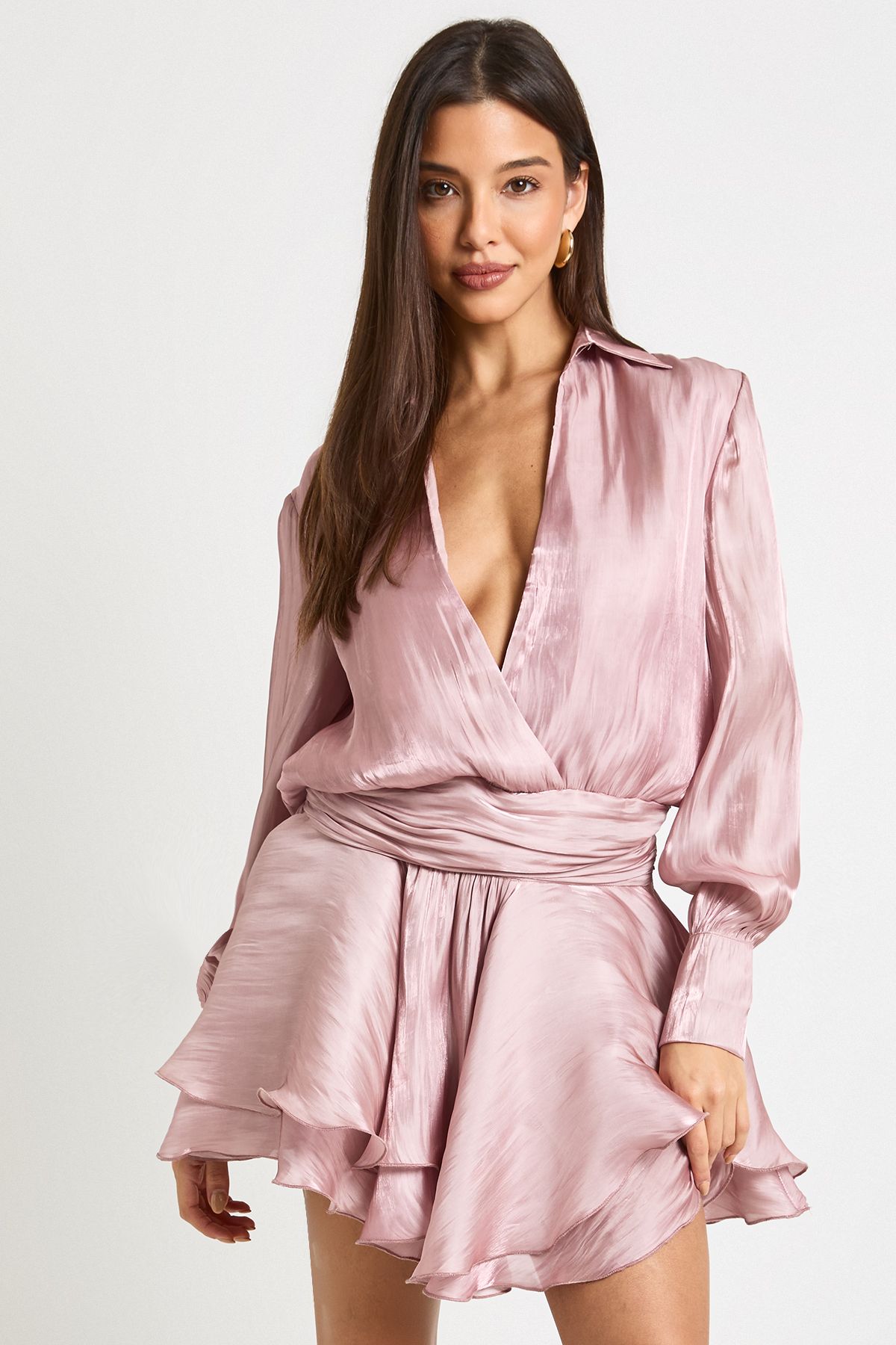 Textured Satin Ruched Frill Skirt Mini Dress