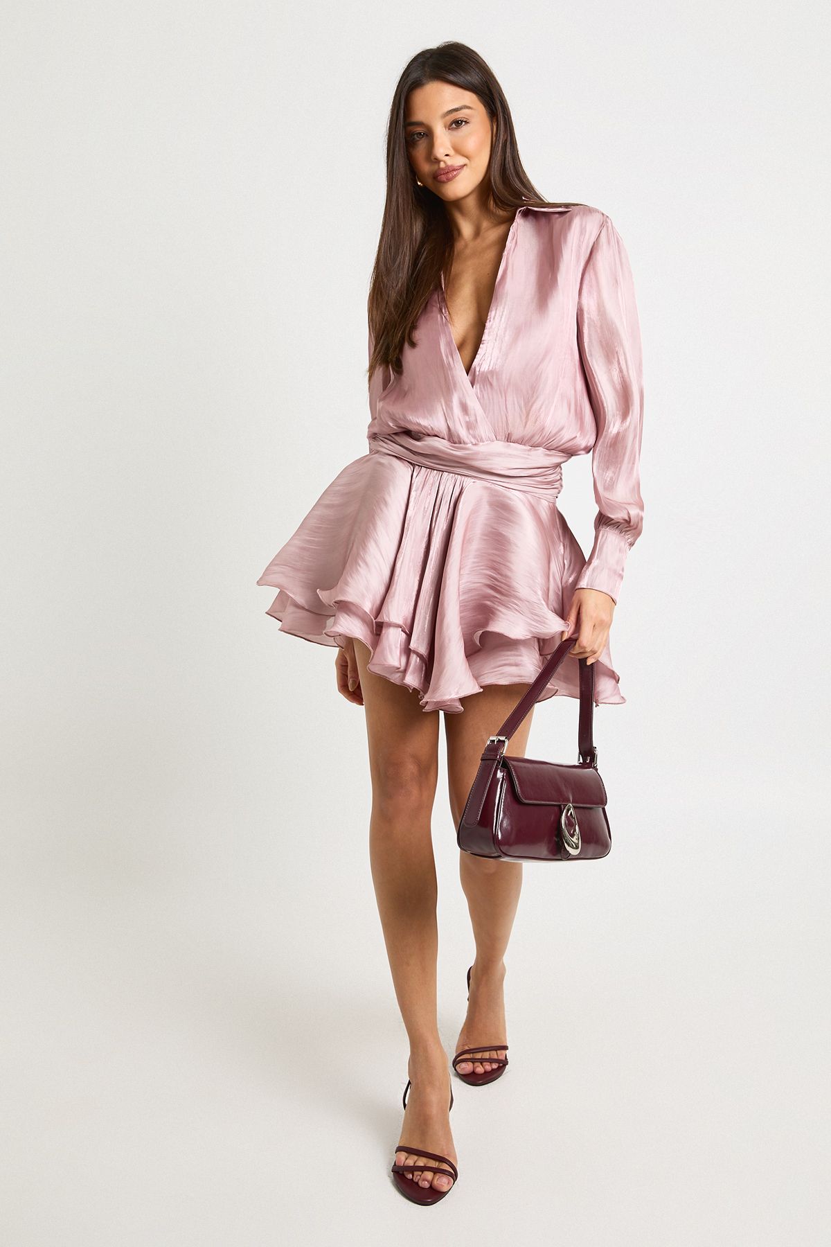 Textured Satin Ruched Frill Skirt Mini Dress - Image 3