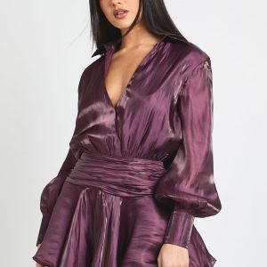 Textured Satin Ruched Frill Skirt Mini Dress