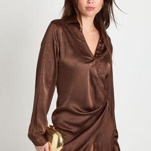 Textured Satin Wrap Shirt Dress