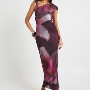 Floral Printed Mesh Drape Shoulder Maxi Dress