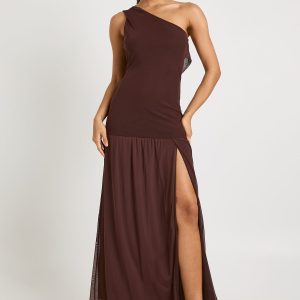 One Shoulder Cowl Back Drop Waist Maxi Dress