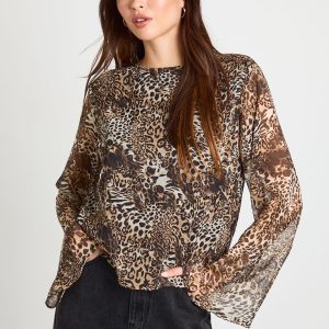 Leopard Chiffon Flare Sleeve Blouse