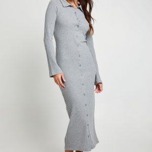 Ribbed Collared Button Down Shirt Midaxi Dress