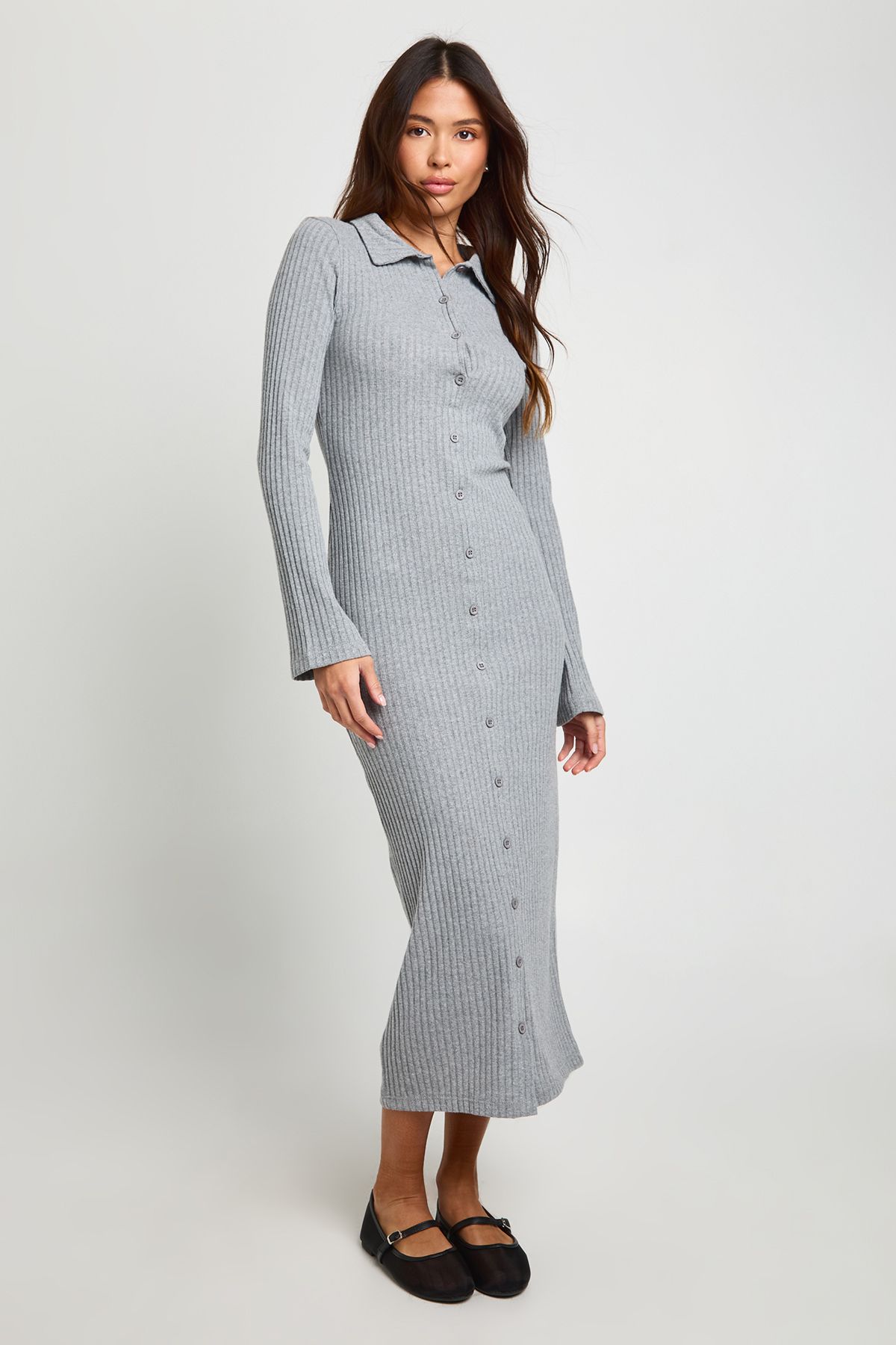 Ribbed Collared Button Down Shirt Midaxi Dress