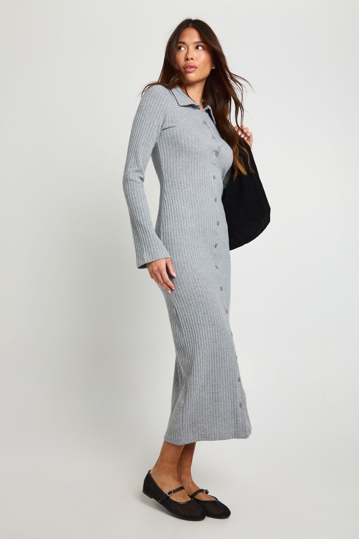 Ribbed Collared Button Down Shirt Midaxi Dress - Image 3