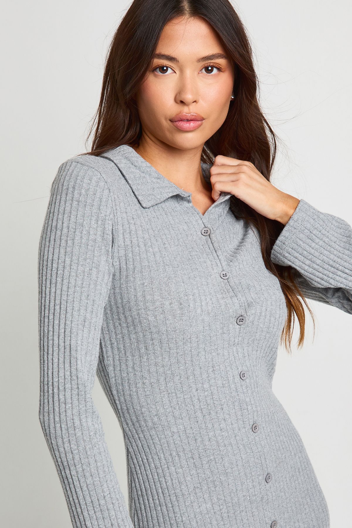 Ribbed Collared Button Down Shirt Midaxi Dress - Image 4