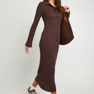 Ribbed Collared Button Down Shirt Midaxi Dress