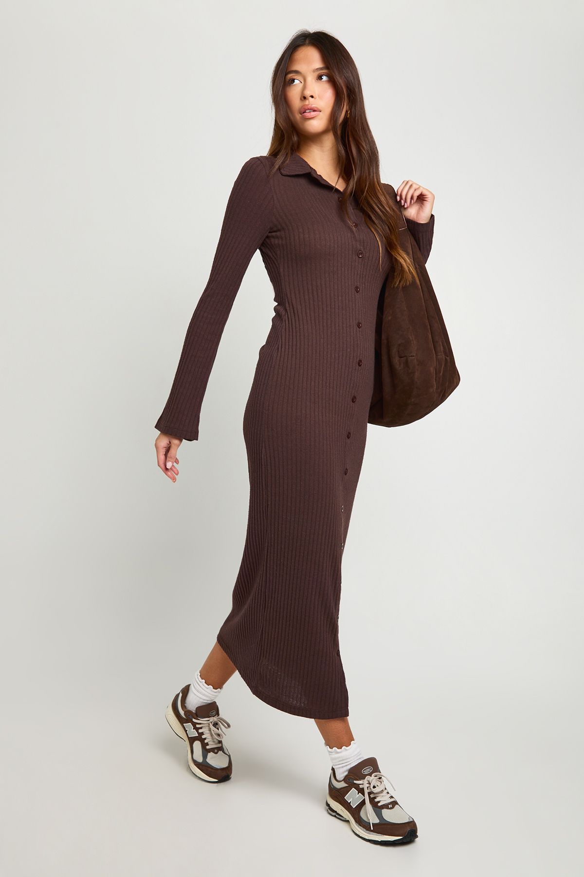 Ribbed Collared Button Down Shirt Midaxi Dress