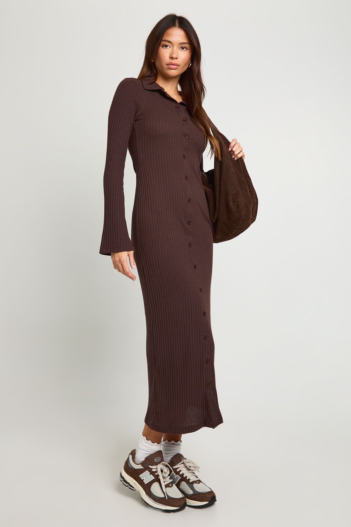 Ribbed Collared Button Down Shirt Midaxi Dress - Image 3