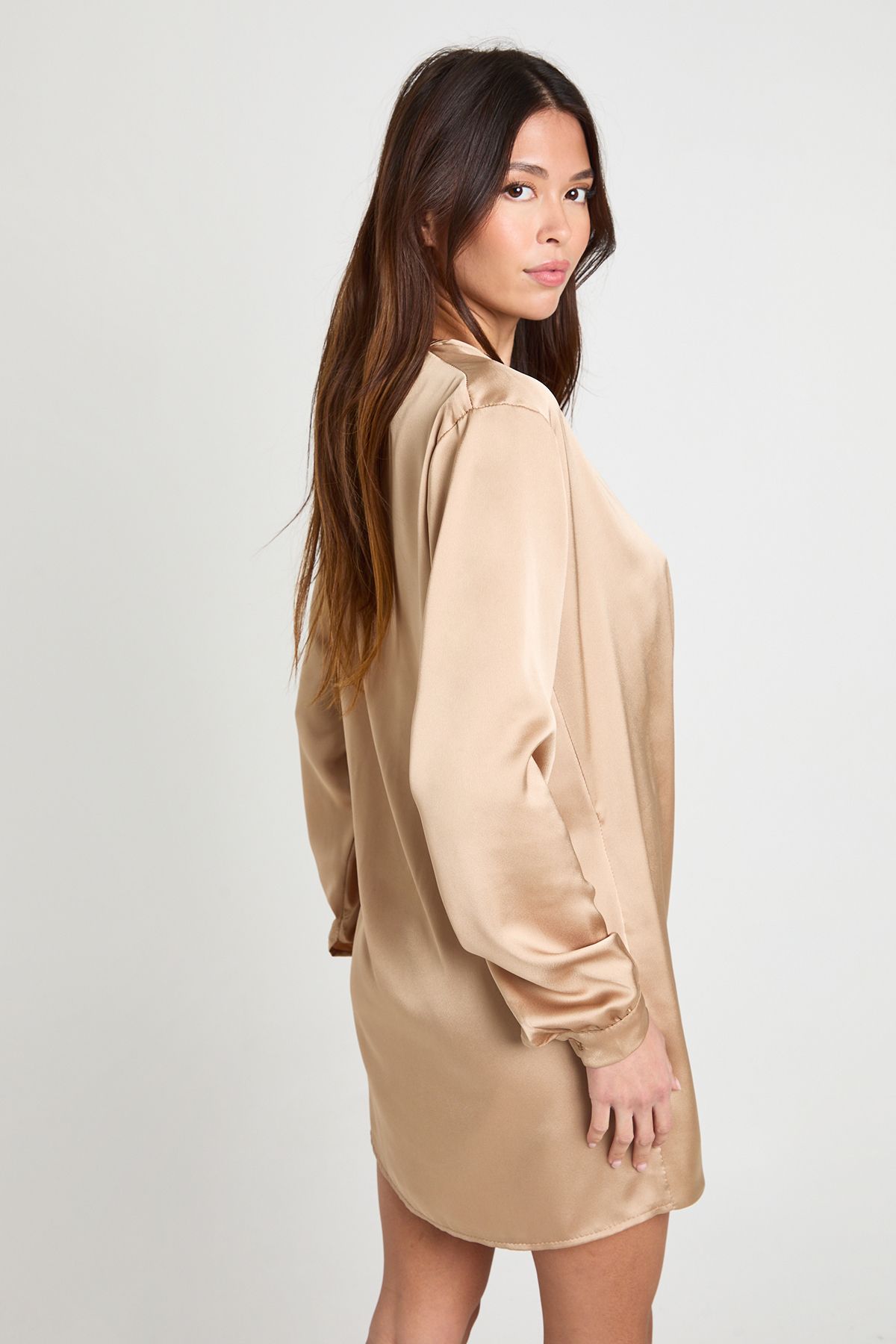 Extreme Plunge Wrap Satin Shirt Dress - Image 2