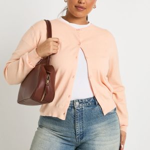 Plus Rib Knit Crew Neck Button Through Cardigan