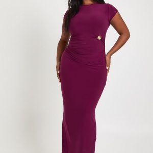 Plus Ruched Waist Trim Detail Long Sleeve Maxi Dress