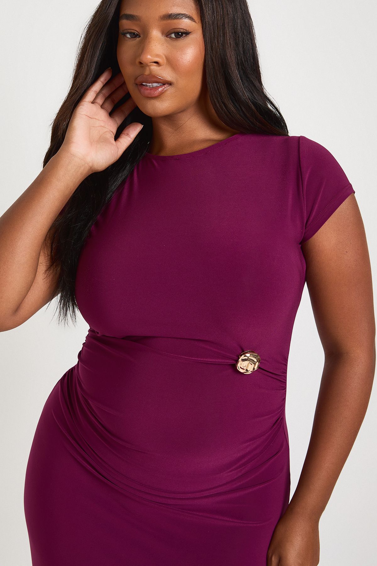 Plus Ruched Waist Trim Detail Long Sleeve Maxi Dress - Image 4