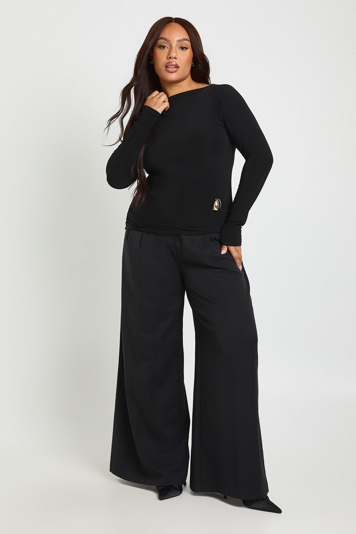 Plus Long Sleeve Ruched Trim Detail Top - Image 3