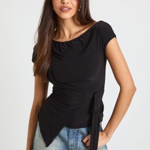 Double Layer Slinky Boat Neck Short Sleeve Top With Wrap Tie Detail