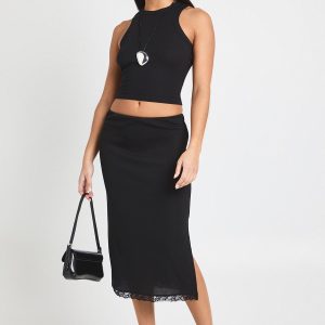 Ribbed Lace Hem Midi Skirt