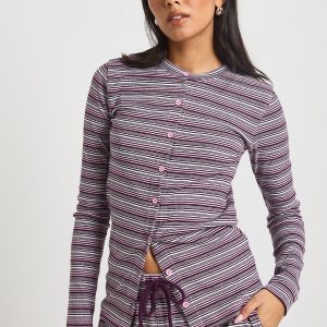 Stripe Rib Button Through Long Sleeve Top