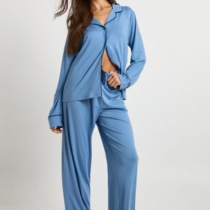 Jersey Piping Detail Long Sleeve Shirt & Trouser Pyjama Set