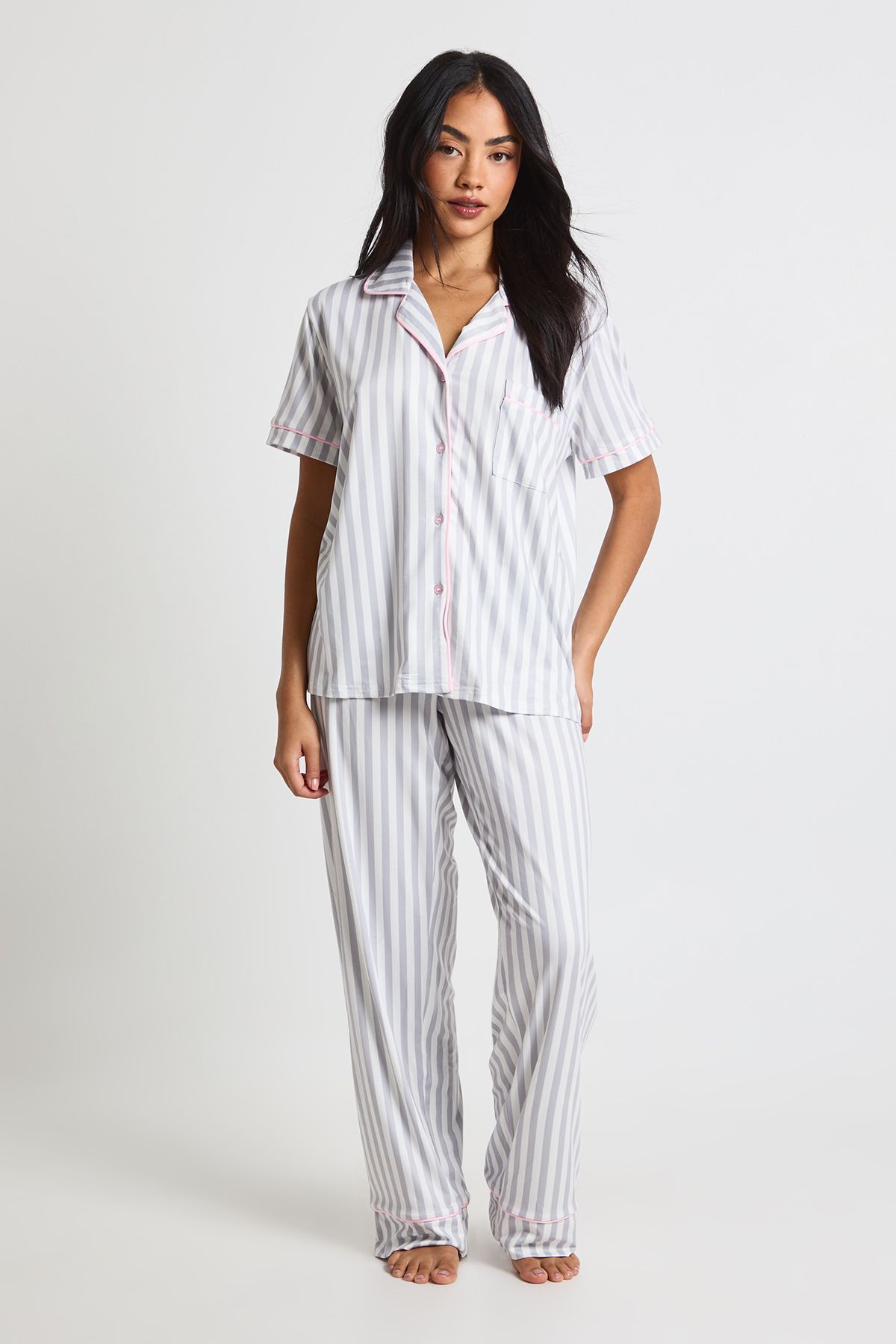 Soft Touch Striped Short Sleeve Shirt & Trouser PJ Set - Image 2