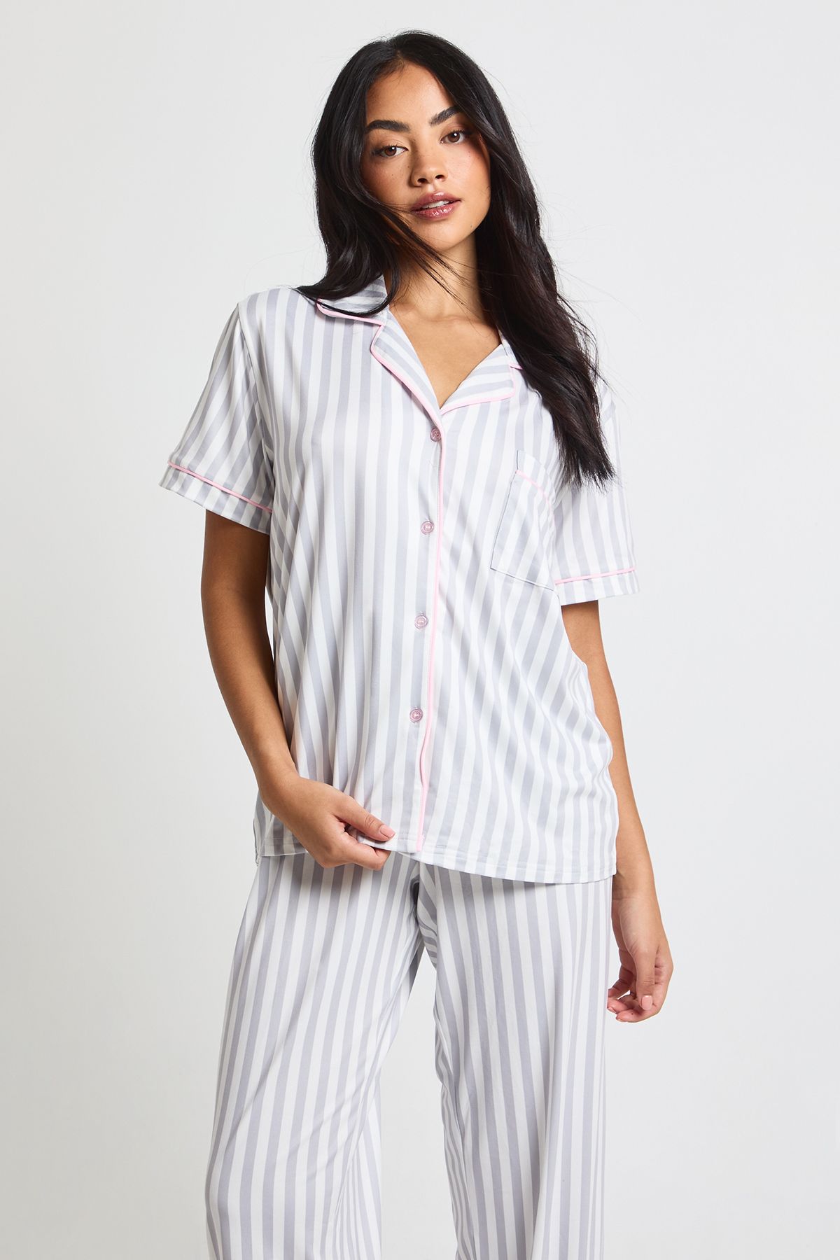 Soft Touch Striped Short Sleeve Shirt & Trouser PJ Set - Image 3