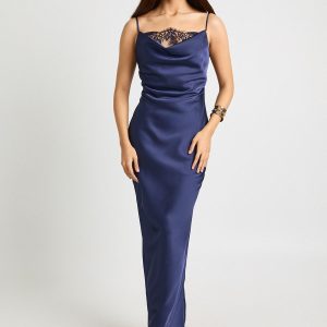 Satin Lace Cowl Neck Maxi Slip Dress