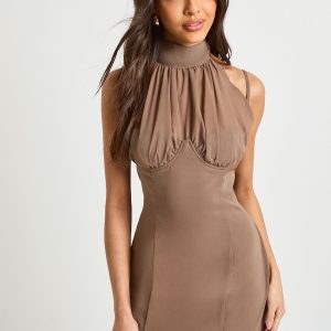 High Neck Ruched Cup Mini Dress