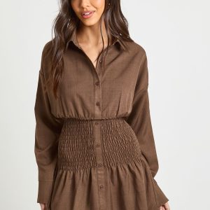 Textured Shirred Waist Shirt Dress