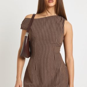 Pinstripe Off Shoulder Tailored Mini Dress