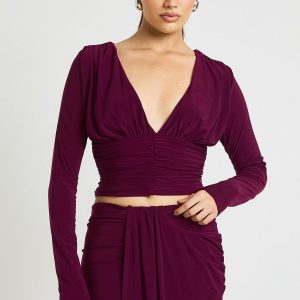 Double Layer Slinky Plunge Front Ruched Long Sleeve Top