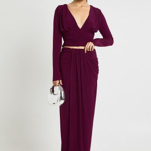 Double Layer Slinky Ruhed Front Maxi Skirt