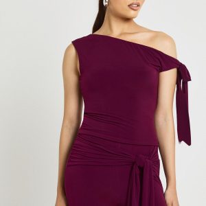 Double Layer Slinky Asym Shoulder Knot Detail Top