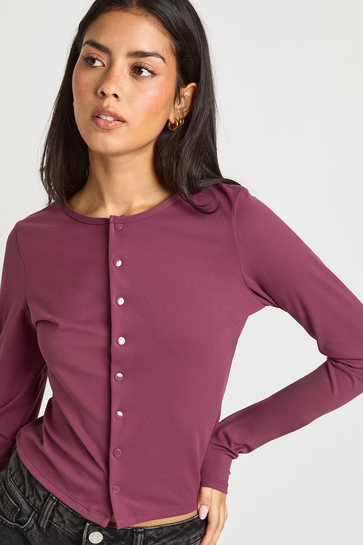 Peached Sculpt Popper Through Long Sleeve Top - Image 3
