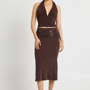 Acetate Slinky Trim Detail Midi Skirt