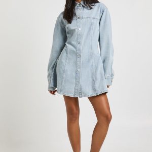 Long Sleeve Cinched Waist Denim Dress