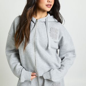 Ath Club Towelling Applique Boxy Zip Through Hoodie