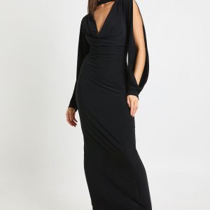 Choker Neck Long Sleeve Open Arm Detail Midi Dress
