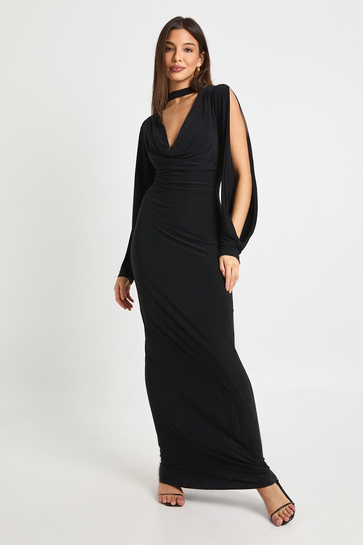Choker Neck Long Sleeve Open Arm Detail Midi Dress