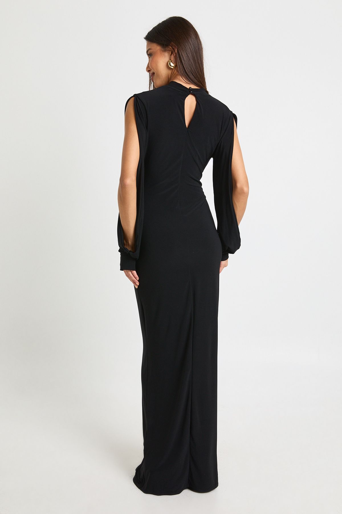 Choker Neck Long Sleeve Open Arm Detail Midi Dress - Image 2