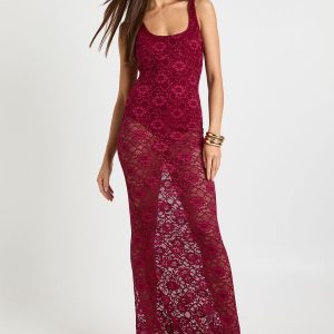 Lace Scoop Neck Sheer Skirt Maxi Dress