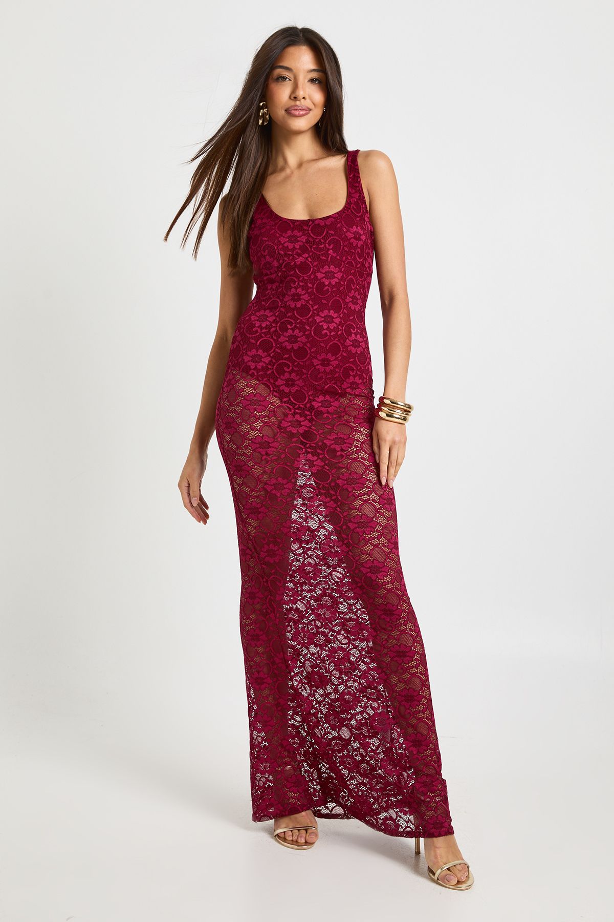 Lace Scoop Neck Sheer Skirt Maxi Dress